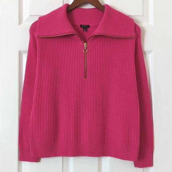 Talbots Merino Wool Blend Ribbed Knit Spread Zipped Collar Sweater Hot Pink SP - Picture 1 of 11